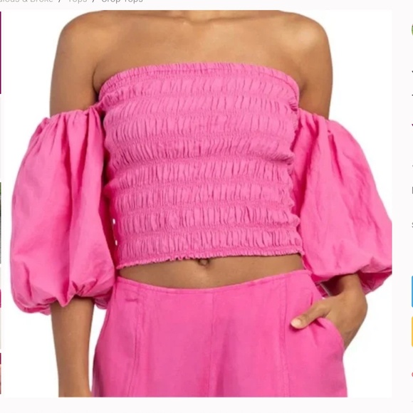 Young Fabulous & Broke Yacht Top Off Shoulder in Tropical Pink linen  Size XS - Picture 5 of 13